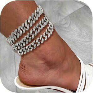 14K Gold Plated Ankle Bracelets for Women Cuban Link Anklets Plus Size Silver An